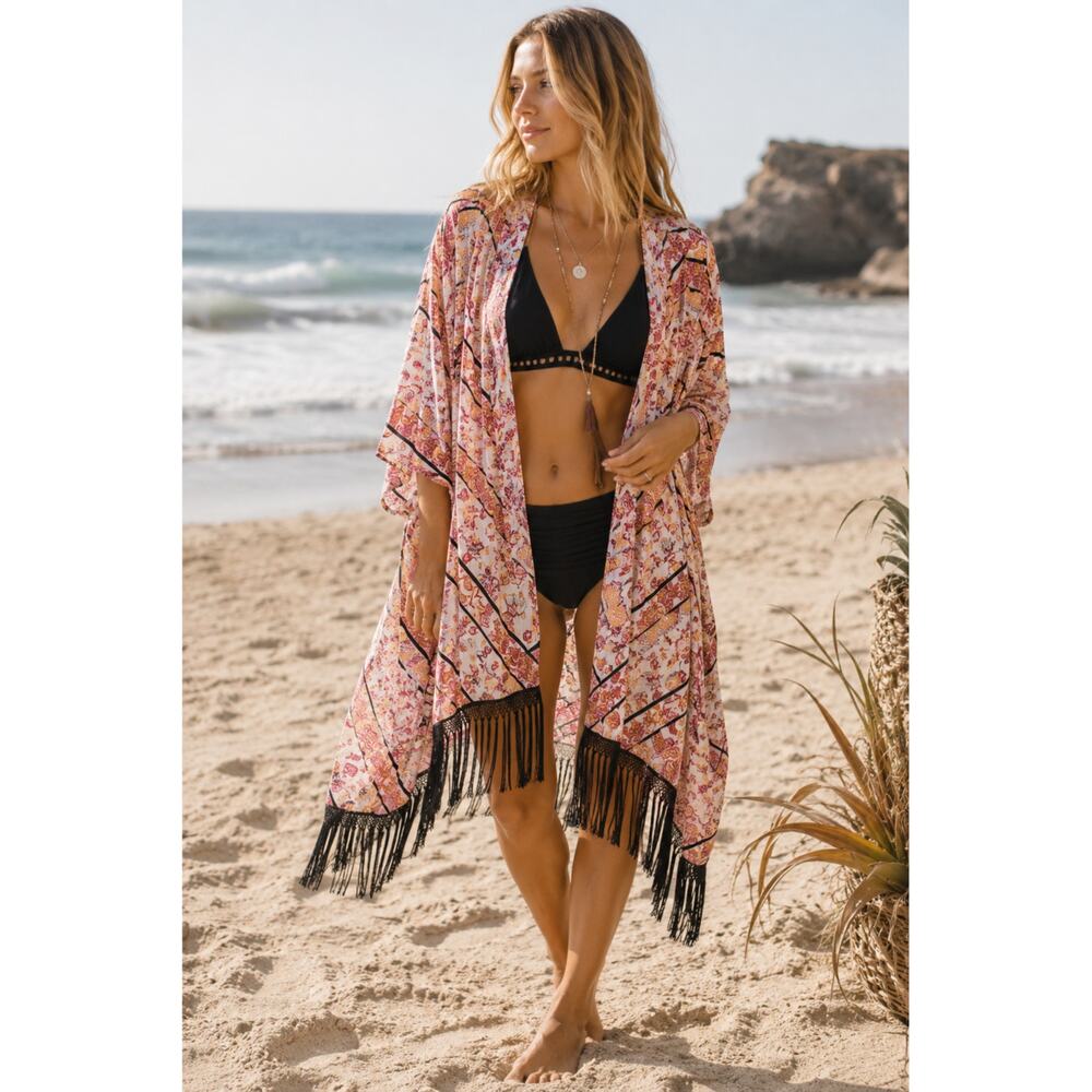 Fairycore Festival Kimono Fringe Cover Up Boho Beachy Emo Coachella Duster L
